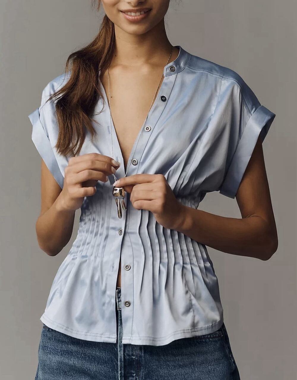 Pilcro Anthropologie Linden Silky Pleated Waist Blouse Light Blue Size Large NWT